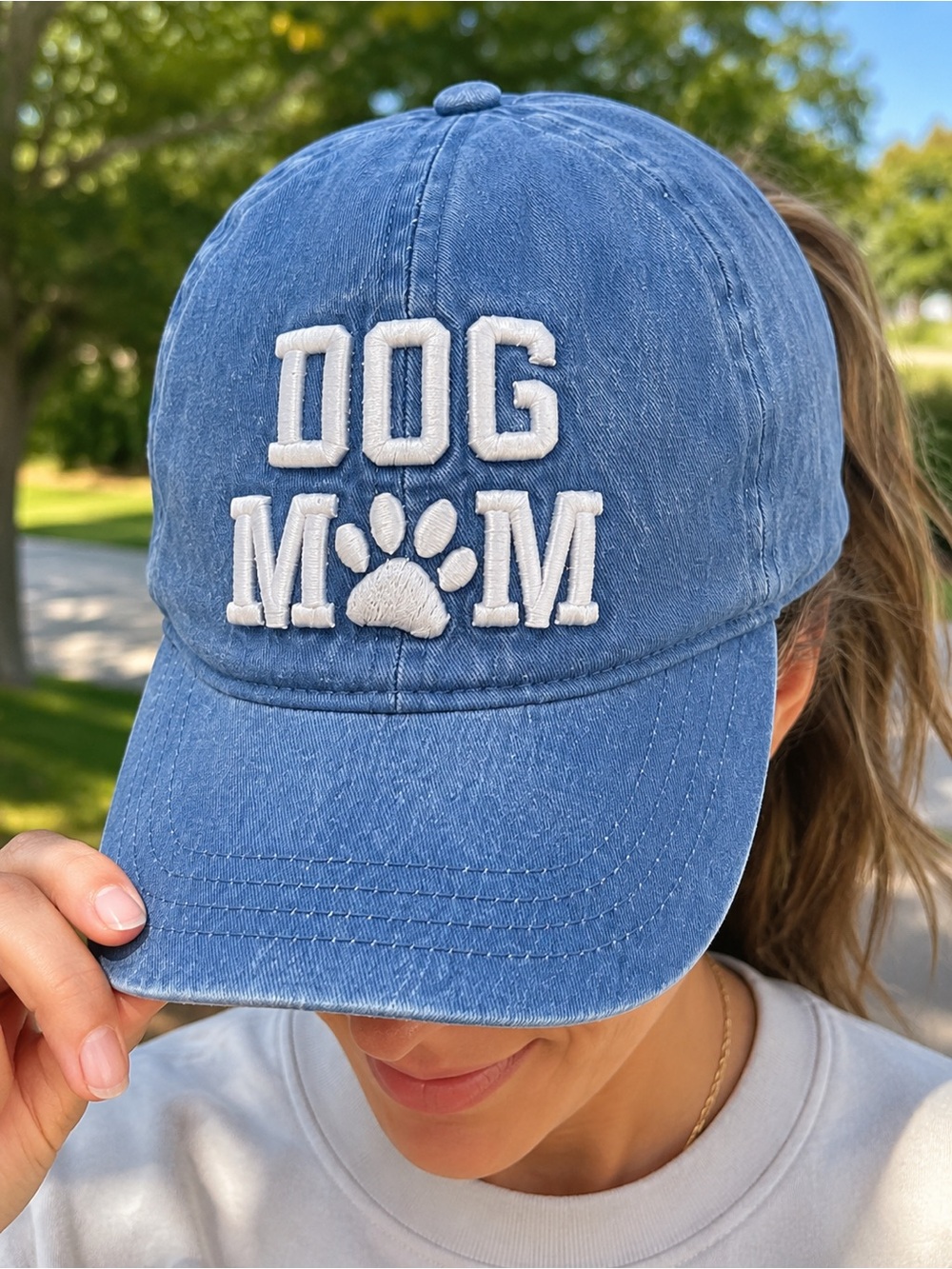 DAVID and YOUNG Dog Mom Washed Denim Blue Baseball Cap White Embroidered Hat NWT